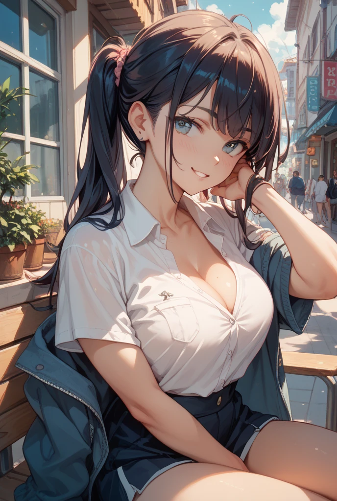 (masterpiece:1.3, top-quality, ultra high resolution, ultra detailed), (realistic, photorealistic:1.4), beautiful illustration, perfect lighting, natural lighting, depth of fields, 
beautiful detailed hair, beautiful detailed face, beautiful detailed eyes, beautiful clavicle, beautiful body, beautiful chest, beautiful thigh, beautiful legs, beautiful hands, 
looking at viewer, 1 girl, very cute girl, 16 year old, (perfect anatomy, anatomically correct), cute and symmetrical face, babyface, perfect face, perfect eyes, shiny skin, 
(long hair:1.8, side ponytail:1.1, maroon hair), bangs, black eyes, slant eyes, long eye lasher, (large breasts, juicy thighs, attractive thighs), 
(medieval european costumes, short sleeve shirt, cleavage, mini skirt, boots, belt), 
(beautiful scenery), summer, evening, soft sunlight, (medieval cityscape, crowd), (hand on chest), (cheeky smile), 