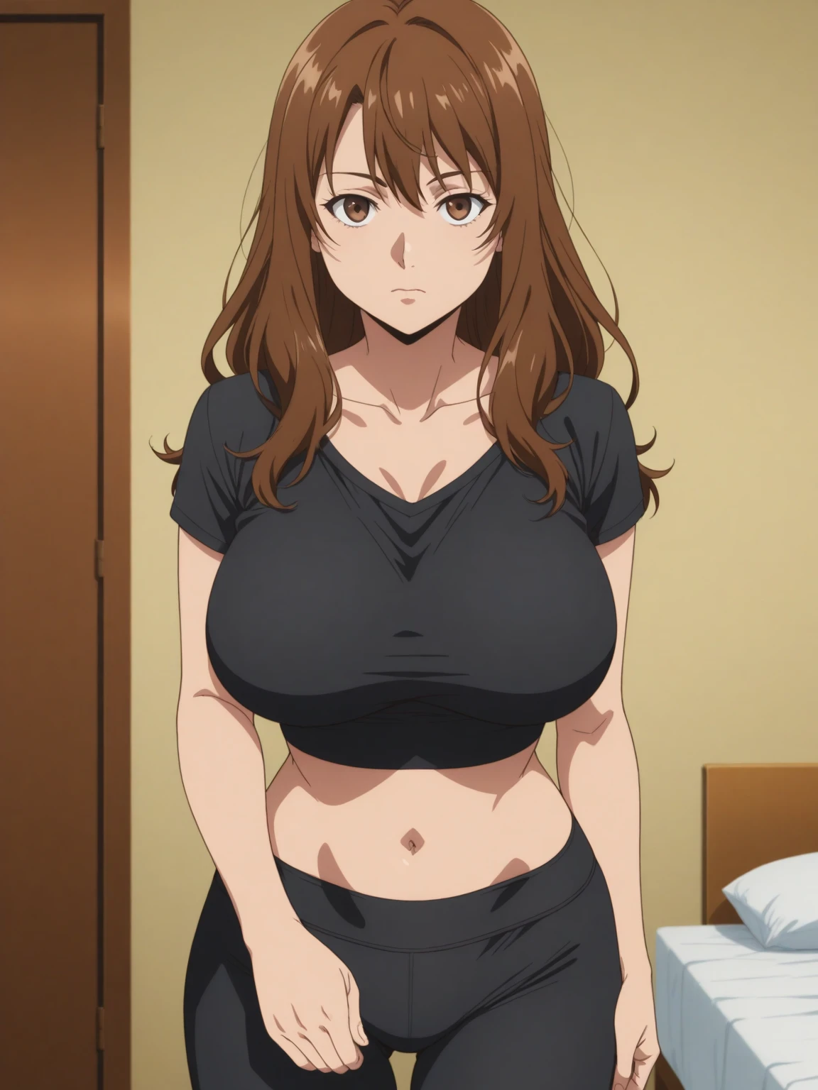 grabbing her breasts, white-pink bikini, black short pants, at fitting room, bikini store background, mei terumi, 25 yo, mature women, solo, takeda hiromitsu style, anime cels style, best quality, high resolution, (large breasts:1.3), cowboy shot, blush, shouting, slim body, long hair, brown hair, green eyes, ((hair over one eye)), pink lipstick