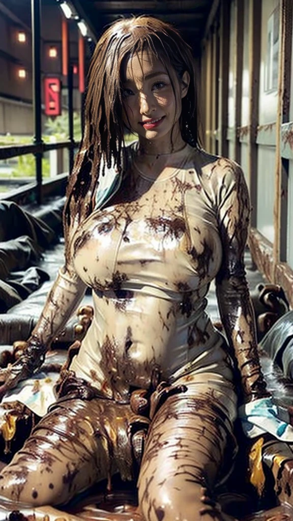 run-6500-v1.1, (RAW Photos:1.2), (Realistic), (Genuine:1.4), (highest quality, masterpiece:1.2), Deep Swamp Background, field, (Very large breasts bigger than a face:1.72), Realistic, Big Breasts, Very large breasts, Huge hips, thick, Narrow waist, Long legs, Thick thighs, Fair skin, Rosy Cheeks, Porcelain-like skin, White T-shirt, Crew neck dress, Dress with closed neckline, Business pants that look like they might rip at any moment, (Business jacket:1.2), (Black Hair, French Twist), Big eyes, Small face, Beautiful woman, smile, eyelash, Highly detailed face, ((Whole body stained with mud:1.65)), Sitting directly in the swamp, Gravure idol, Japanese Goddess, Japanese actress, Japanese Model,