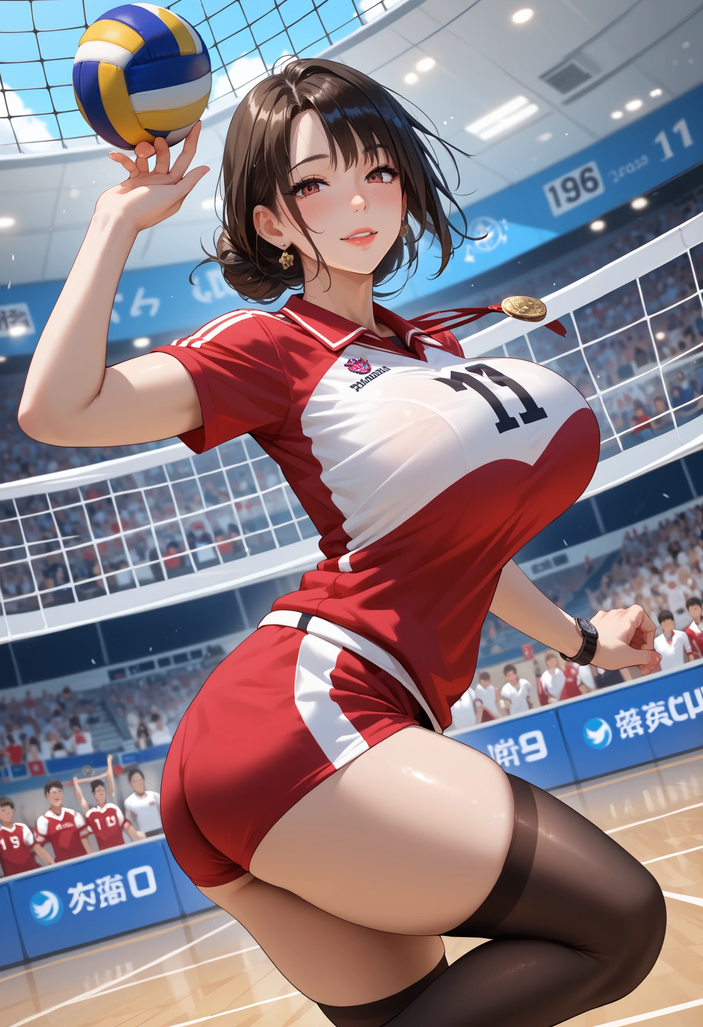 Unity 8K Wallpaper, Masterpiece, Best Quality, Ultra Detailed, Extremely Detailed CG, Ultra High Resolution, Caustics, Detailed, Beautiful Detailed Eyes, solo, (arms up behind:1.3, athletics stadium, track and field athlete, feminine muscles, japanese woman:1.3, separate, bloomers ,show off belly), cowboy shot, smile, brown eyes, forehead