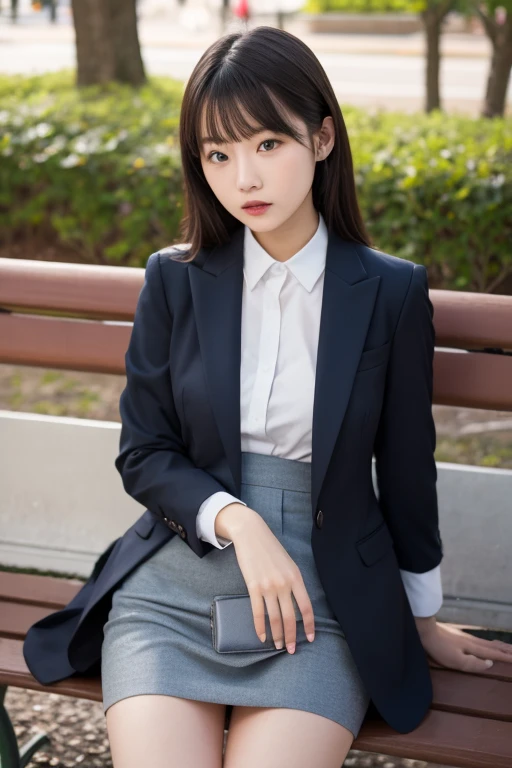 Japan Women、Women's Suits、Tight mini skirt (High color saturation:1.0), sit on a bench、 (highlydetailed skin), (Best Quality:1.0), Show panties(超A high resolution:1.0) ,(photographrealistic:1.0), (ultra-detailliert:1.0), (8K, Raw photo:1.1), (Smile:0.7)