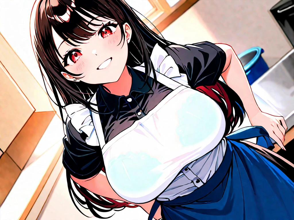 masterpiece,best quality,1girl, paizuri_under_clothes, PUC, 1boy, paizuri, blush, large_breasts,white dress,Camisole dress,in kitchen,blur background,background defocus