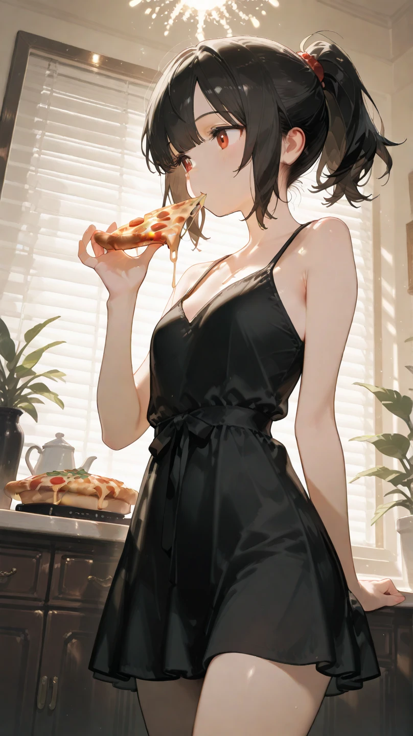 An orange pizza girl Num with a basic expression. Crust circles her bottom, while light cheese drips from the top of her head, adorned with a single black olive, mushroom, and pepper ring. SPARKLE; GLITTER