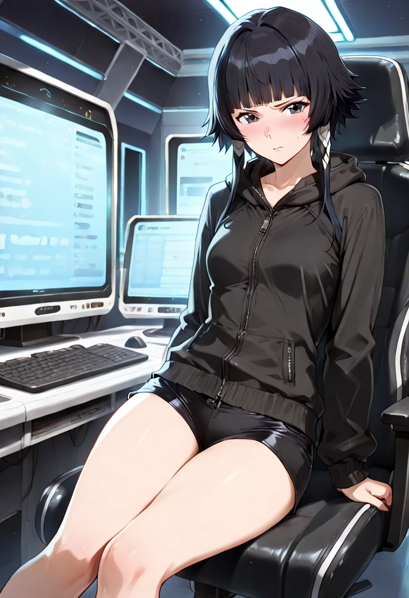 ultra realistic, girl, short black hair, headphones, sitting, slumped in an armchair, in a futuristic cabin, surrounded by monitors, and olographic screens , view from above, blue lights, flat breasts, pre-adolescent. She looks with disgust, mini-skirt, visible panties.