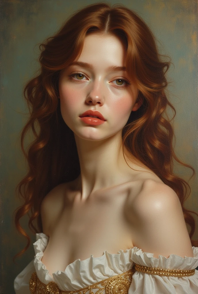 pale skin muscular redhead 18 year old girl huge breasts in the style of Norman Rockwell