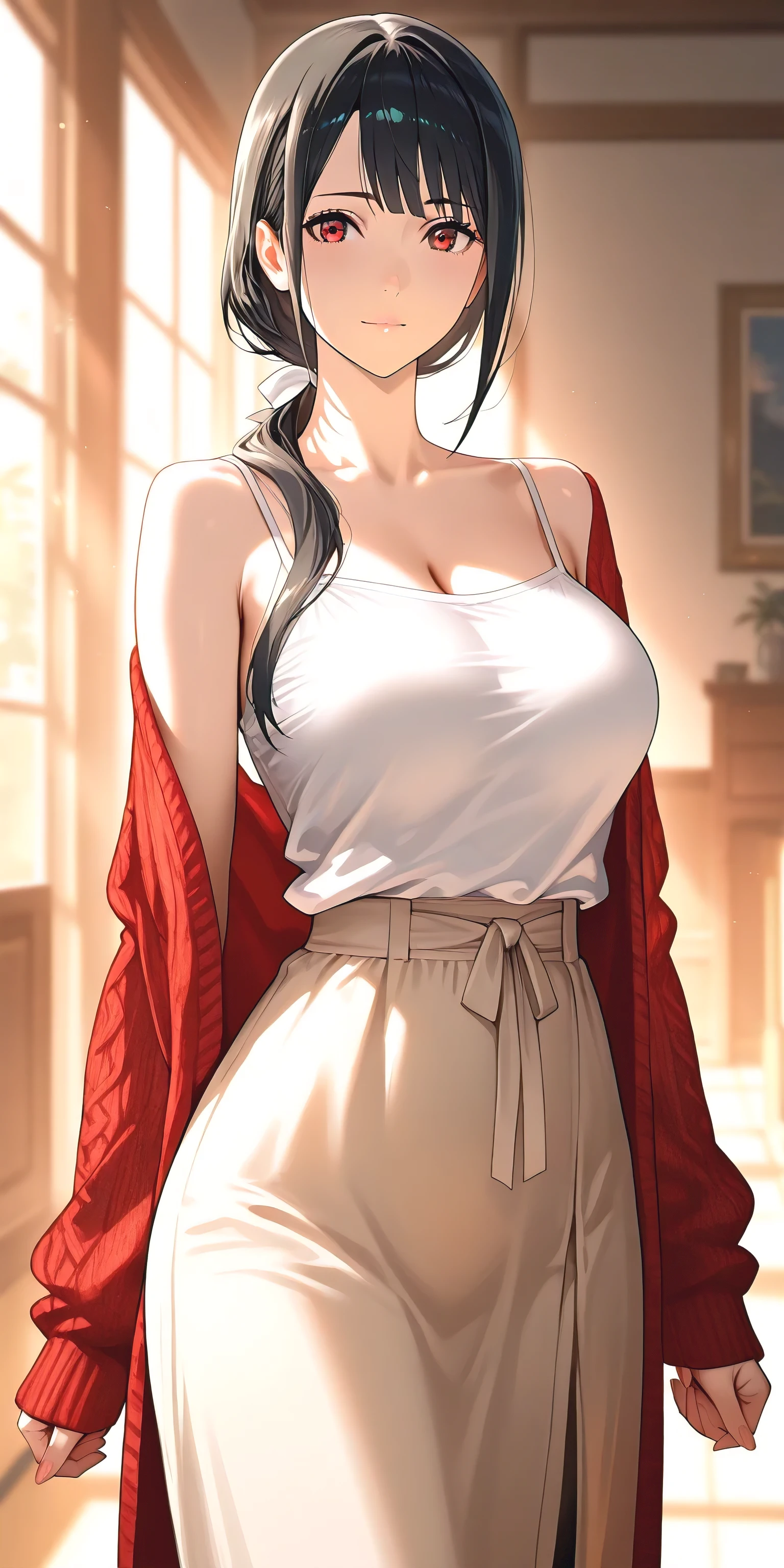 masterpiece, best quality, highres, bbyorf, short hair with long locks, white hairband, red eyes, gold earrings, ((large breasts)), jewelry, (off shoulder), Red sweater, sweater dress, long sleeves, black pantyhose, outdoors, standing cowboy shot, smile, nsfw, plump
