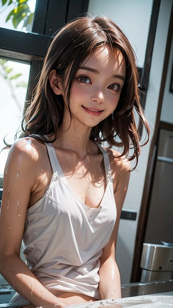 Whole body 1.3,Front shot,(highest quality, masterpiece), (Beautiful 12 year old Japanese girl), (freckles:0.6), Soft Light, ponytail, Fine grain, Brown eyes,White tank top,Pink denim shorts,