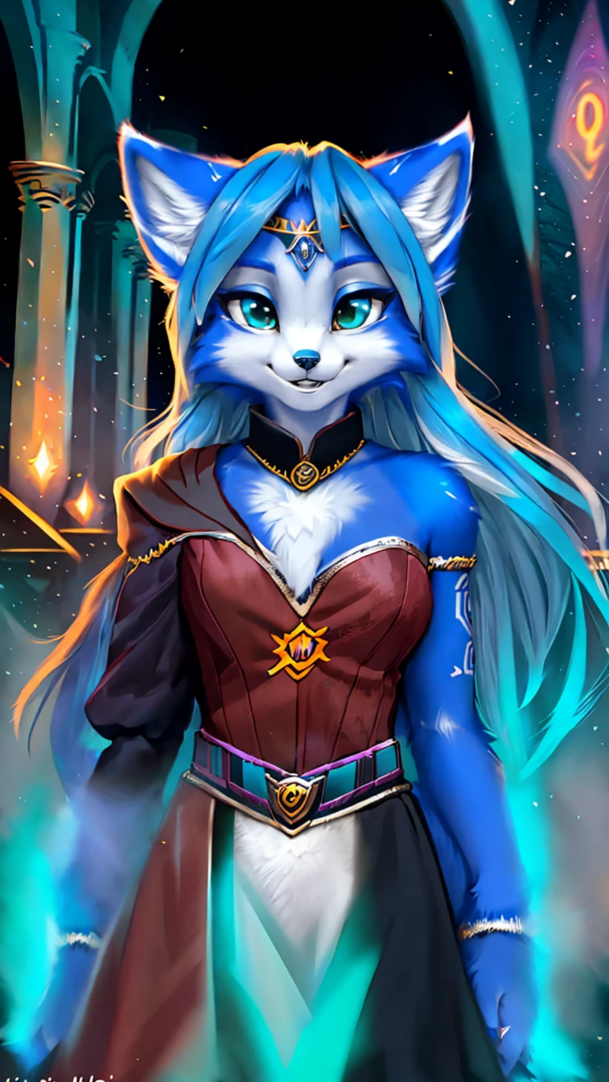 A beautiful and detailed (sweet picture) wa ((krystal)), Star Fox Krystal, sslim, lovable, green eyes, medium breasts, (((Long blue hair 1.3))), Decollete, grin, look up,, anthro, furry, Uploaded E621, detailed fluffy fur, (wa Fluff-Kevlar, Bayard Wu, personalize me, Pino Daeni), detailed face, (fluffy), 1 girl, alone, sweet girl, alone, ((((is located in Hogwarts)))), magician clothing