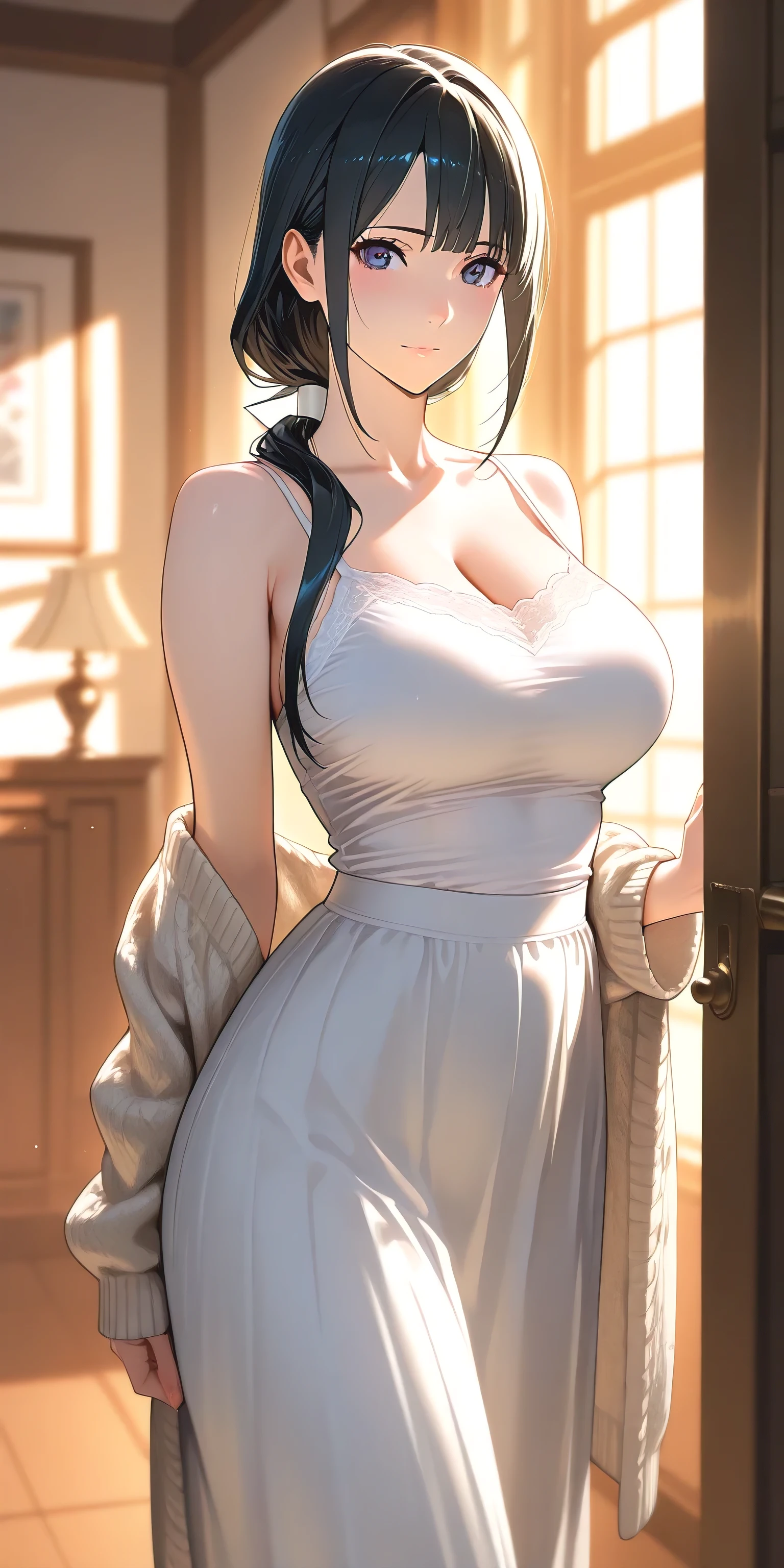 {masterpiece},high quality, 4K, 2D, 1 girl,simple background, 43 yo,attractive mature lady, standing,sagging breast,maid,front face,attractive mature lady,black hair tied into a chignon, {from right in front of face and body},View viewers from front,{front facing shot}