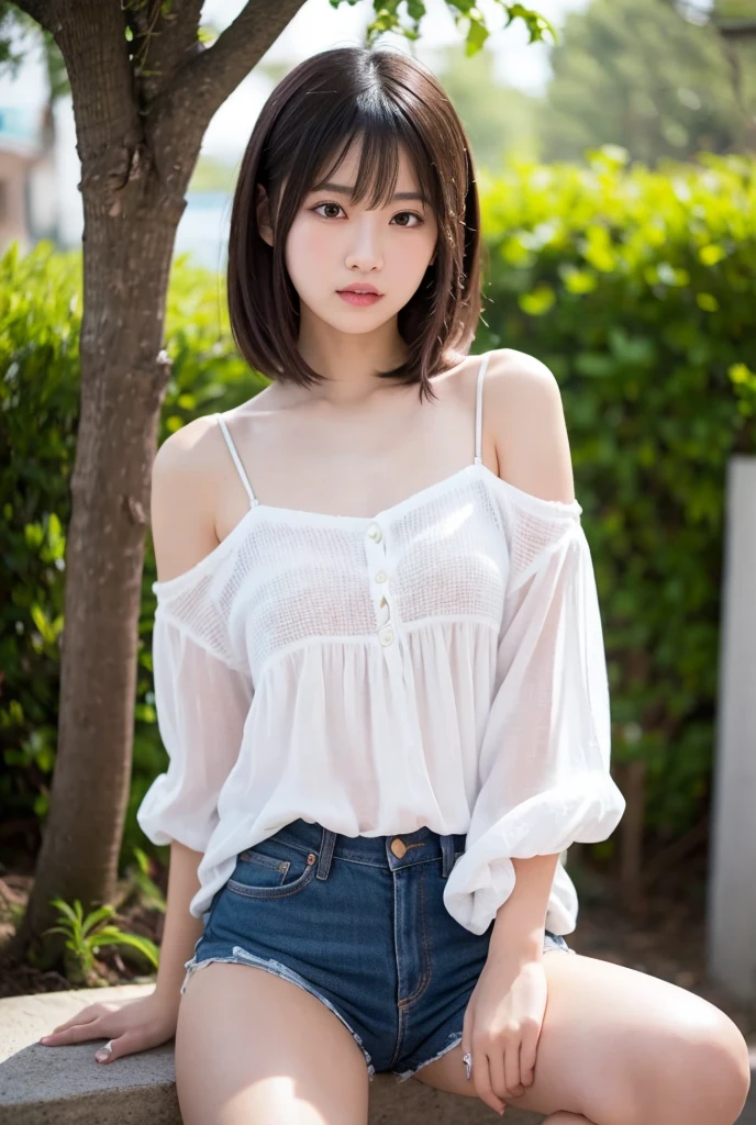 (masterpiece, best quality:1.4), 8k, 85mm, official art, absurdres, (downblouse:1.2), (from above:1.1), violaceaess, cute face, beautiful eyes, camisole, upper body, looking at viewer, short hair, bangs, small head, (smile:0.6), sharp focus, facelight, dynamic lighting, cinematic lighting, dramatic shadow, perspective, depth of field, highres, ultra detailed, finely detail, extremely detailed, detailed eyes and face, sharp pupils, realistic pupils, simple background, small waist, flare skirt