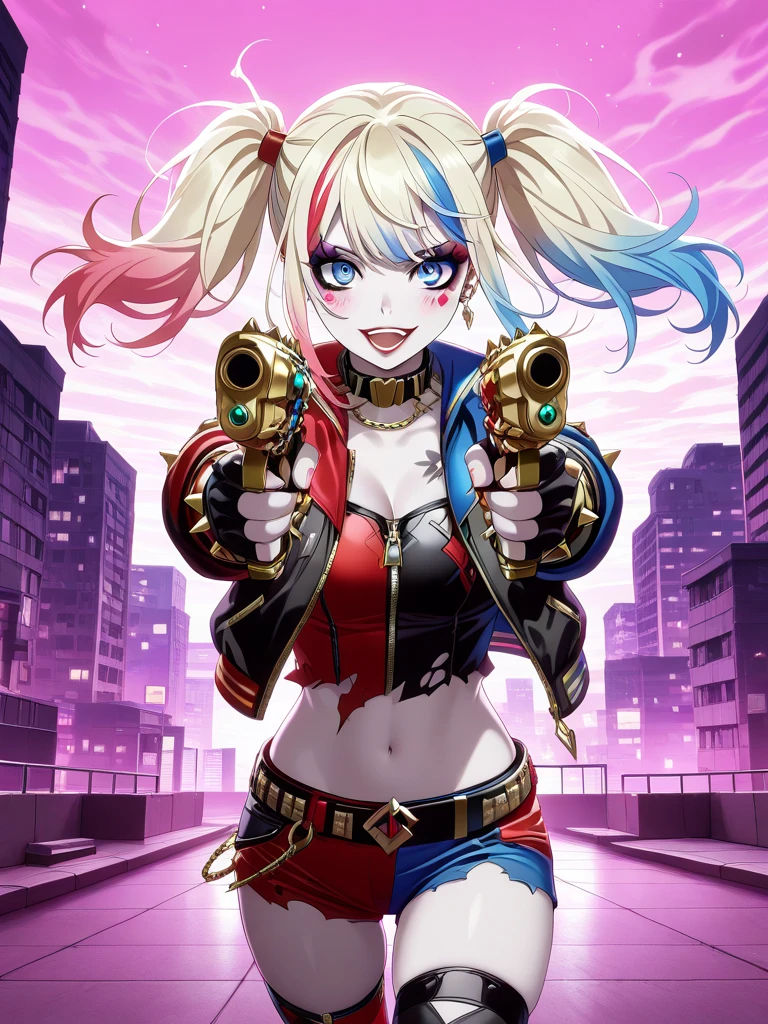 a close up of a woman with a pink hair and blue jacket, harley queen, of harley quinn, harley quinn, harley quinn standing, portrait of harley quinn, lady gaga is harley quinn, film still of harley quinn, hq artwork, emma watson is harley quinn, margot robbie as harley quinn, hd artwork, emma watson as harley quinn, harley quinn film still