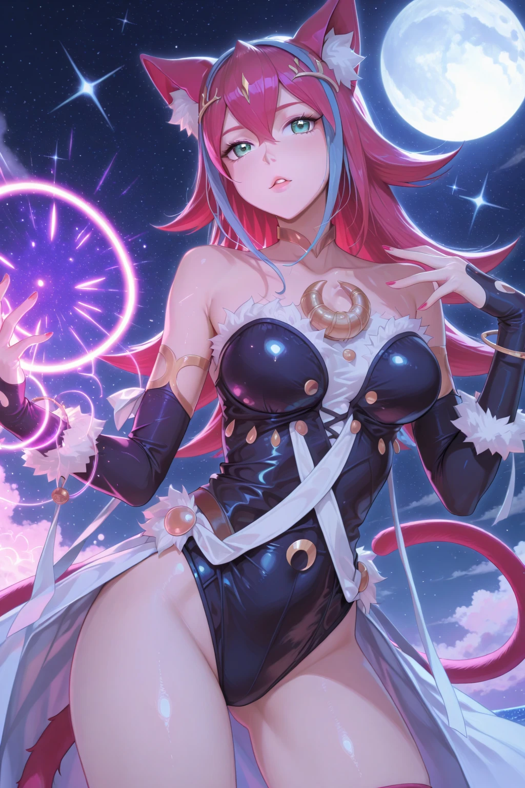 Genie woman, Glowing blue eyes, Blue skin, Long pink ponytail hair, Golden bracelets, wisp tail, graceful sway of her mist-like tail, coming out of a magic lamp.