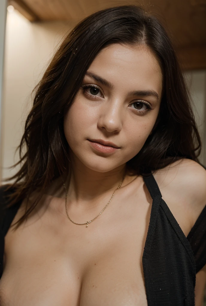 from top view, selfie, extreme close up photo of beautiful French 18 year old, hourglass figure, swooping breasts, ample cleavage, auburn hair parted to one side, blue eyes, sexy armpits, seducing in bed, French braid hair, necklace, sultry, look at viewer and smile, see-through transparent lace nightdress, (cinematic:1.3), intricate details, (ArtStation:1.2)