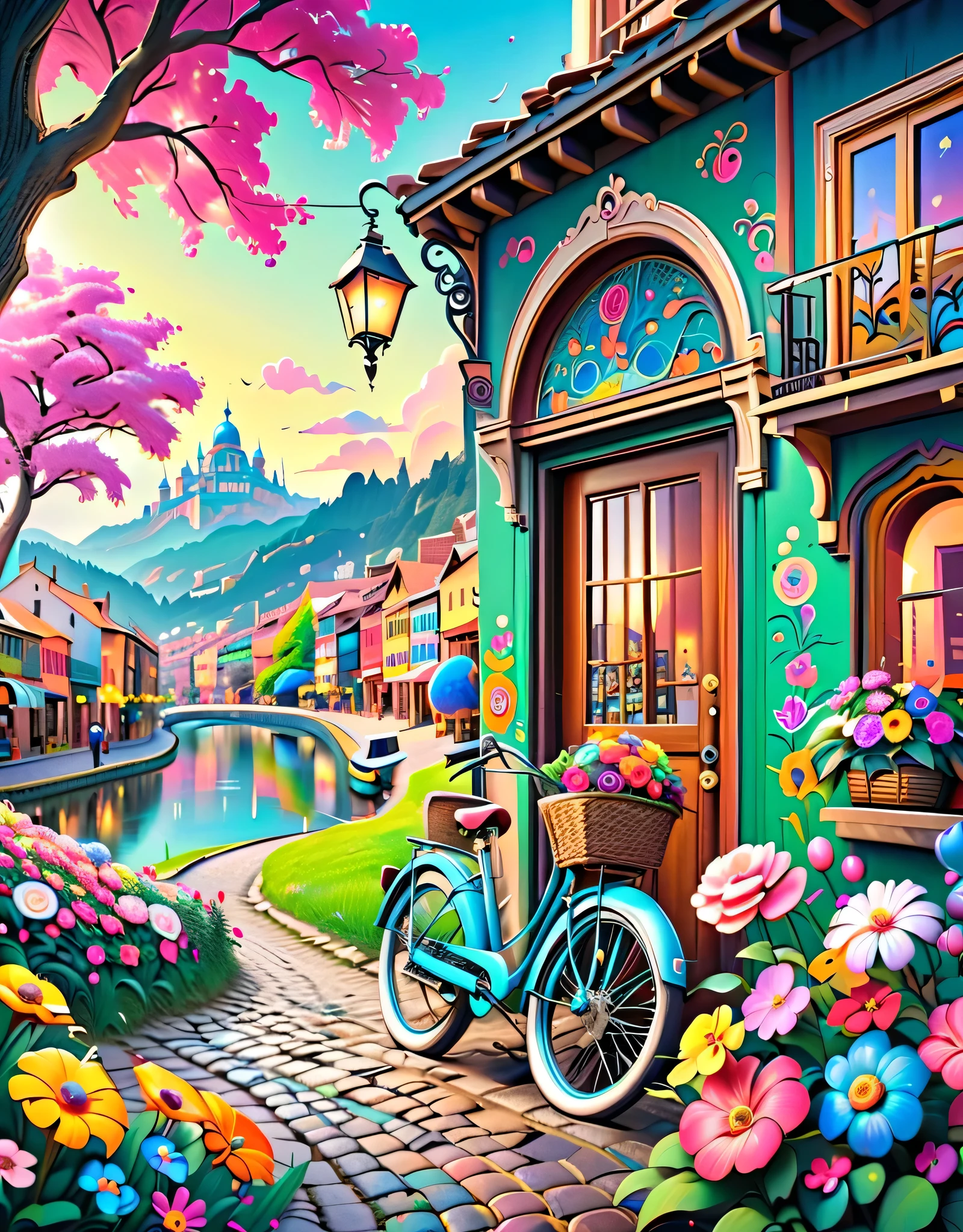landscape、people at the entrance、street corner with cobblestones with reflections、pink and white flowers、to create a fun and dreamy atmosphere、Vintage-like、Waiting for、are placed on the front basket of a retro green bicycle、red or yellow、pink colorful flowers、Stylish city、magicのタッチを加えて. Colorful and detailed piece, creates a fun and dreamy atmosphere. 複雑でBeautiful painting画, Camille Bombois, very Very beautiful art, Very beautiful art, Traditional Folk Art Style, Beautiful and exquisite paintings, Mexican folk art, Elsie Vera Cole, colorful and detailed, Beautiful depiction, Artistic Paintings , Beautiful painting, Gorgeous Paintings 、、Camille Bombois, Baroque painting. naive art, whimsical art、 Dreamy Scene Paintings, magic、Jacob Duck, Judith Brown、Psyche
