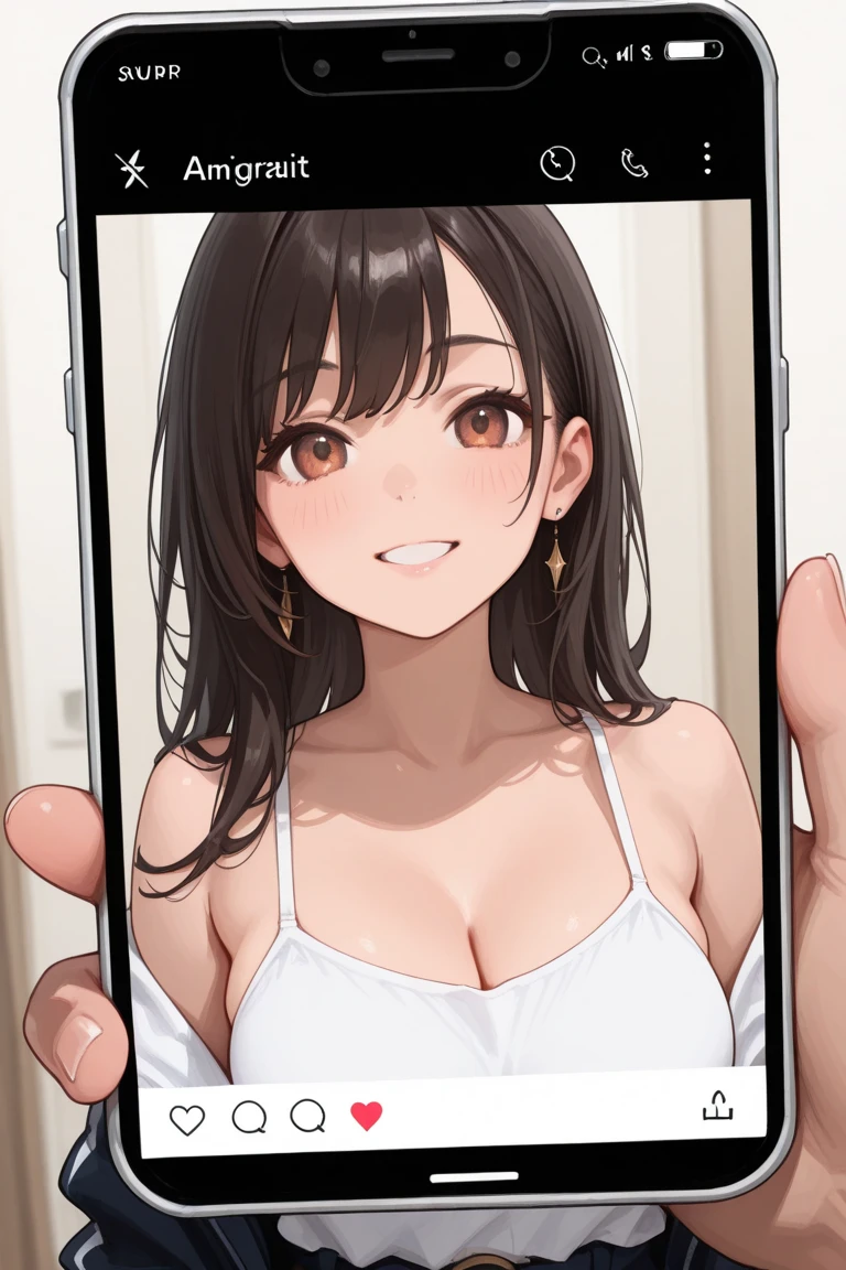 _asura style, 1girl, breasts, solo, tongue, brown_hair, cleavage, jewelry, necklace, tongue_out, shorts, looking_at_viewer, mole, denim, selfie, medium_breasts, denim_shorts, open_mouth, brown_eyes, short_shorts, long_hair, kneeling