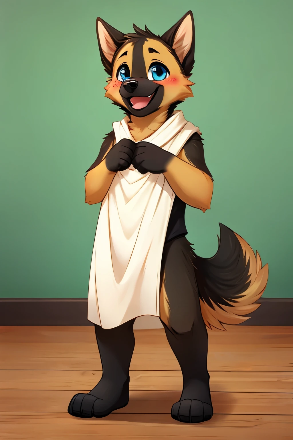 ((SFW)) ((18, cute, furry, Australian Shepherd dog boy femboy wearing a white sleeveless turtleneck leotard with a bulge, and light gray thigh-high socks, best quality)) ((hands behind head))