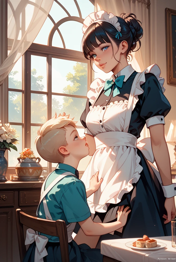 score_9, score_8_up, score_7_up, 1boy, 1girl, curvy, aged, maid outfit, mature female, milf and kid, ???, hug, kiss, hand on head, kneeling, in a room