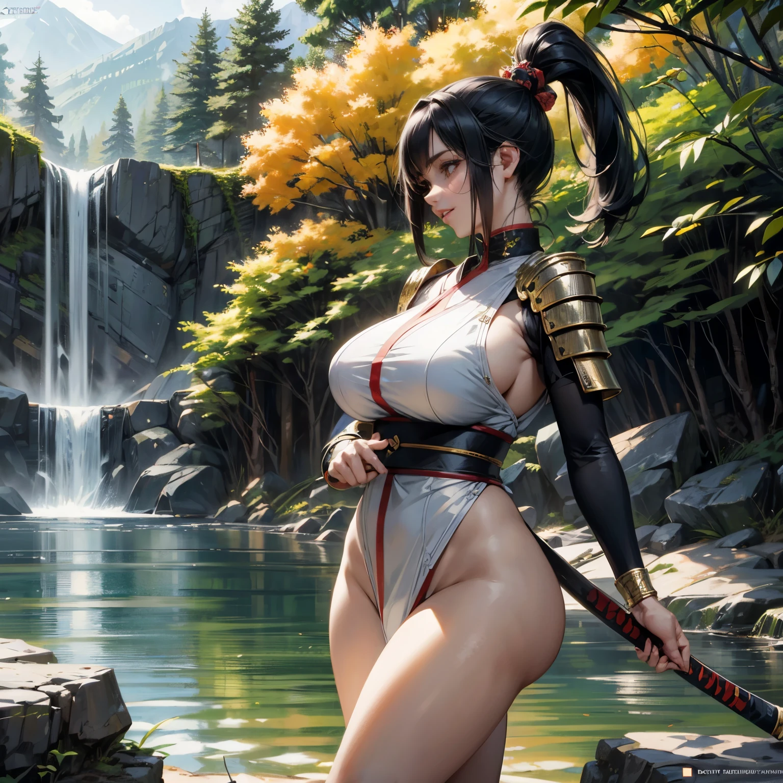 Sensual elf woman in the water, with angelic face with wet hair, exhausted, ultra realistic, her hands behind her head: with semi-translucent clothing very tight to the body, gold and white clothing. A slim but curvy elf, with wide hips and a super realistic tiny waist. Her porcelain white skin glowing under the natural light of the forest. Her beautiful, hyper-detailed and realistic features come to life in this cinematic image. Her voluptuous elven clothing clings to her body, showing off her perfect anatomical measurements and super-resolution details. The clothes are tight accentuating every curve of her, beads of sweat with detail on her skin, supported by a spear-type sword between her hands, with elven details when holding it with both hands, her muscles that are softly marked on the abdomen and with many shades. super feminine... The setting is a serene forest, with dappled sunlight filtering through the trees, casting an ethereal glow on the scene. (3:3 - 16:9 - q
