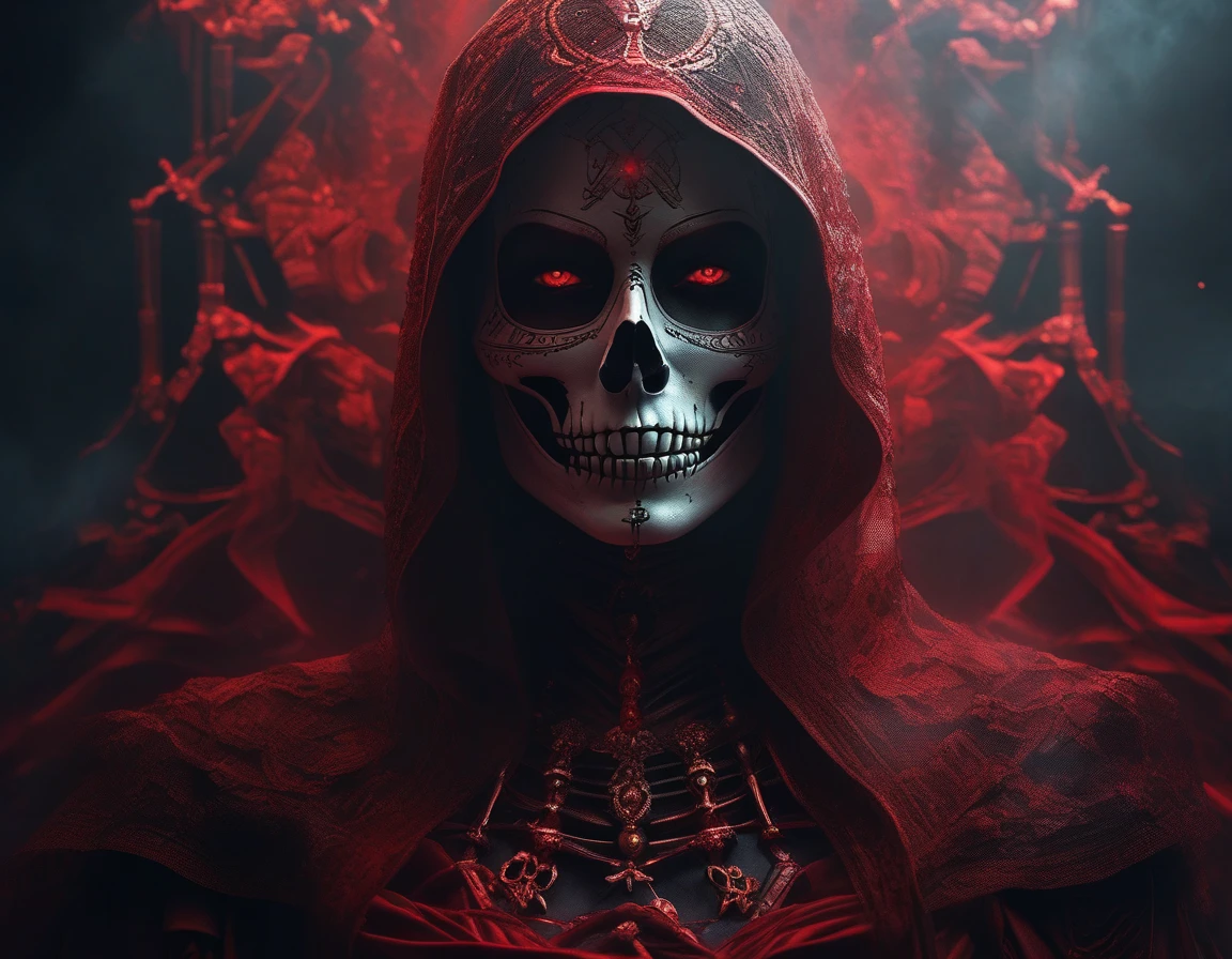 8K high-resolution images, Realist, Eyes on the forehead、Wearing a red cape、Great Wizard、He has a skull necklace around his neck.、Red sky and black clouds,