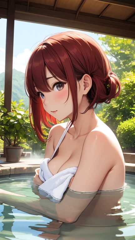 (outdoor bath), (onsen), (squat :1.3), (naked:1.3) , (completely nude) , presenting , (masterpiece) , (best quality) , (8k wallpaper) , (detailed illustration) , photorealistic , perfect anatomy , cinematic lighting , shading , (upper body) , ranma1/2, ranma-chan, 1 girl , boyish face, (tan) , super detailed skin , Thick , fat , thick thighs , big breasts , weat , ultra-detailed, (illustration), (red hair) , short hair , (braided ponytail) , ((bangs)) , bumpy bangs , (full-face blush:1.3) , wet hair, covering chest by hand , breast focus , vibrant colour , shadow, contrast, refraction, perspective, depth, good anatomy, stunning details , summer , There are no people , cinematic shadows , blurry background , vacation, blurry background , summer , (sunset), (Sitting in hot spring), nice hands, perfect hands, I'm soaking in hot springs up to my navel. , femaleranma, braided ponytail,