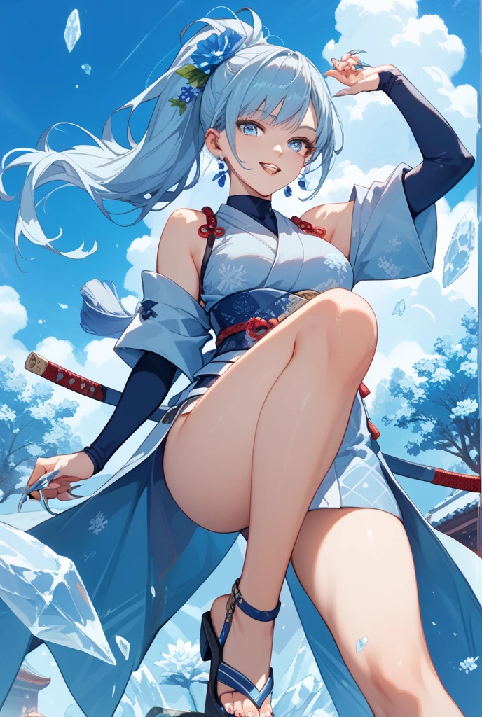 Masterpiece, 1girl, close up, wear blue hanfu, Chinese Traditional cloth, hair braid, Fist to Fist ,Fist bump, blue background, fire flame effect, ink painting style, dynamic pose, battle pose, open hand, good hand <lora:DynamicKungfu:0.8>, <lora:KagaV4-14:1>, masterpiece, best quality, KagaV4, 1girl, solo, breasts, looking at viewer, smile, short hair, bangs, blue eyes, large breasts, animal ears, closed mouth, tail, full body, white hair, animal ear fluff, fox ears, makeup, fox tail, fox girl, multiple tails, eyeliner, kitsune, kyuubi