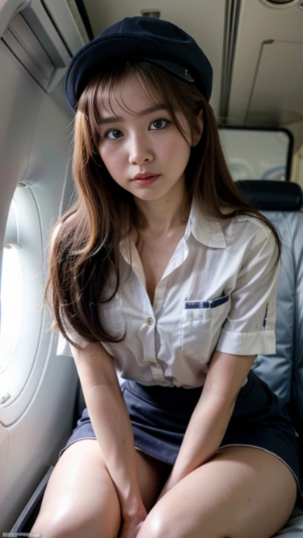 Beautyful woman sitting inside the plane (high quality)、ベージュのレースビキニを着ている
