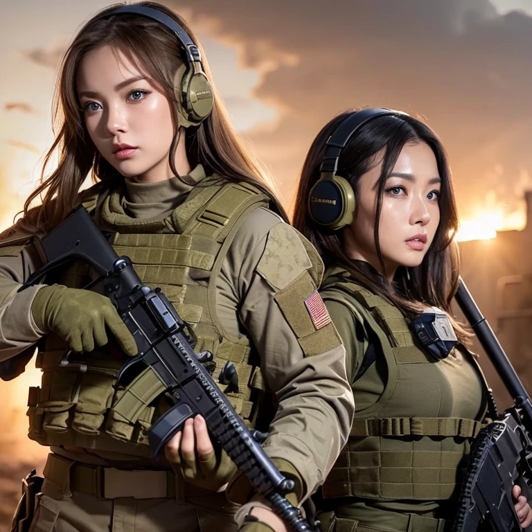 8k, RAW photo, portrait, best quality, ultra high res, photorealistic, woman in a helmet holding a gun and wearing a helmet, mechanized soldier girl, soldier girl, beautiful female soldier, infantry girl, m4 sopmod ii girls frontline, professional cosplay, military girl, inspired by Sora Aoi, with rifle, kanliu666, soldier, realistic cosplay