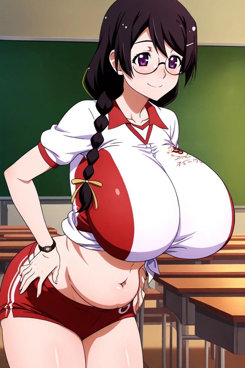 Bakunyuu bomb, Risa Wakatsuki, 1 girl, (((bimbo))), black hair shoulder length, ear rings, red eyes, (((bimbo))), puffy lips, painted lips, thick lips, erotic smile face, wide hips, thick thighs, oily shiny skin, huge round ass, huge natural breasts, mature woman, teacher, class room, micro bikini,
