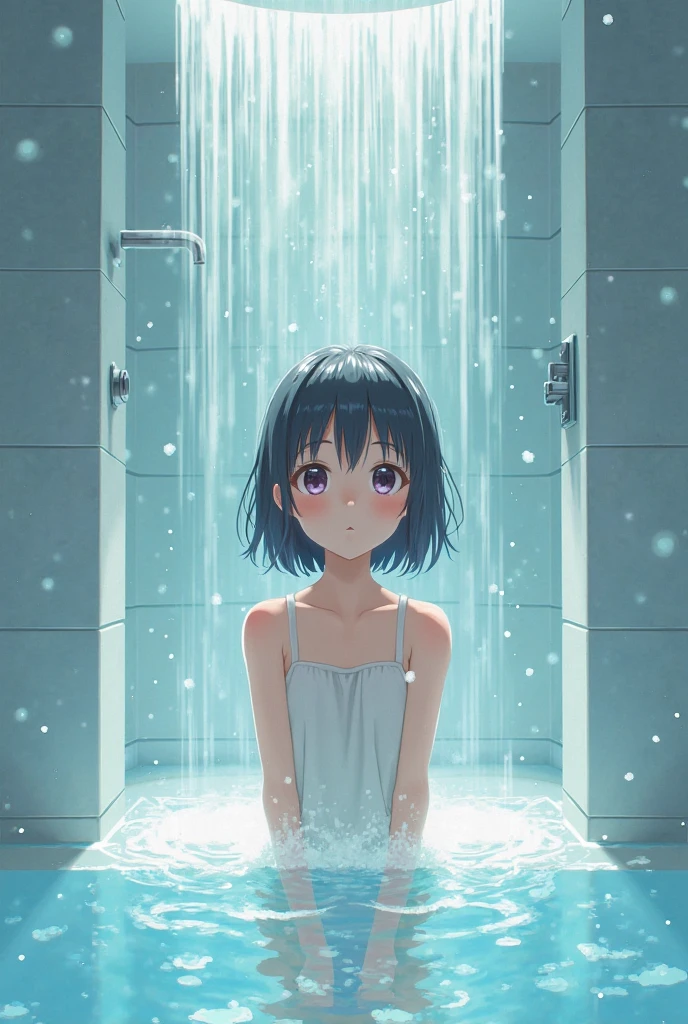 anime,(pale colors:1.8),long shot, 1girl, (on right:1.3), solo, cat mouth, smile, taking shower in head, showerhead, in bath, wearing towel, looking up, from side, fang, blue hair, bobcut, straight hair, racoon ears, racoon tail, (brown streaked hair:1.3), (blunt bangs) ,thick eyebrows, big breast, shadow,