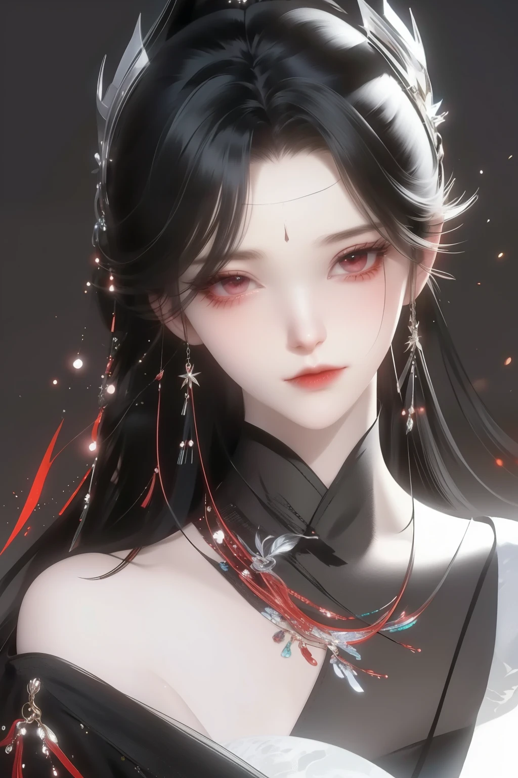 AI woman with matte black and white cyberbody, with red glowing details, very tall, with thick thighs, wide hips, long legs, and a slender waist. Dark red glowing eyes,Long flowing white hair a parting to either side. sad expression on face, No mechanical parts on the face, Clean face. Nothing in her hand. A melancholy expression, Alluring, looking directly at the camera. Giant ultrafast dichroism and birefringence with an active nonlocal metasurface. Anime style, extreme detail, extreme photorealism, realistic lighting, shadows, and textures. 8K resolution with ray tracing. Hyper-professional quality, extreme detail, perfect continuity, anatomically correct, flawless anatomy. Night, Realistic reflections. Inspired by Baiōken Eishun and rayonism. Official art, character waist portrait.