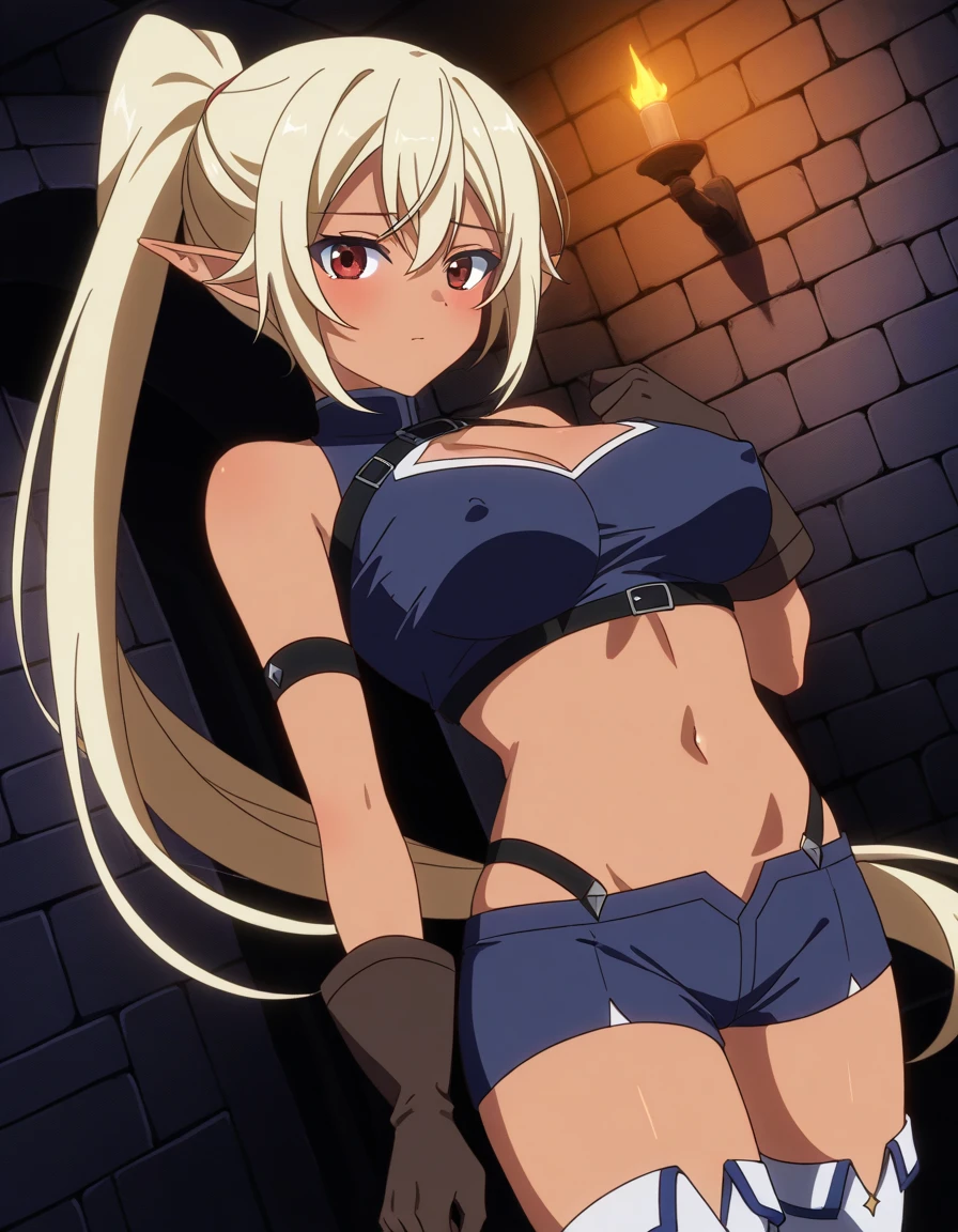 edelgard, fallengear, armor boots, bare shoulders, midriff, no glasses, facing viewer, looking at viewer, smile