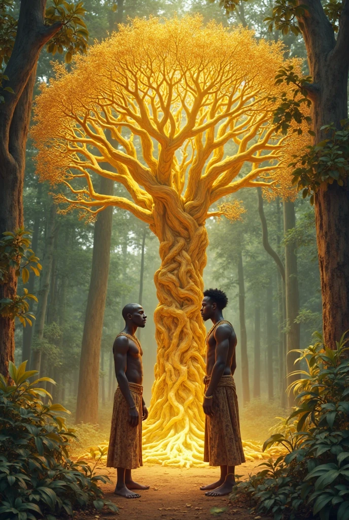 The two Jealous African Brothers and the shining beautiful golden Talking Tree in the forest. leave some space on the ground. Make the brothers bigger.
