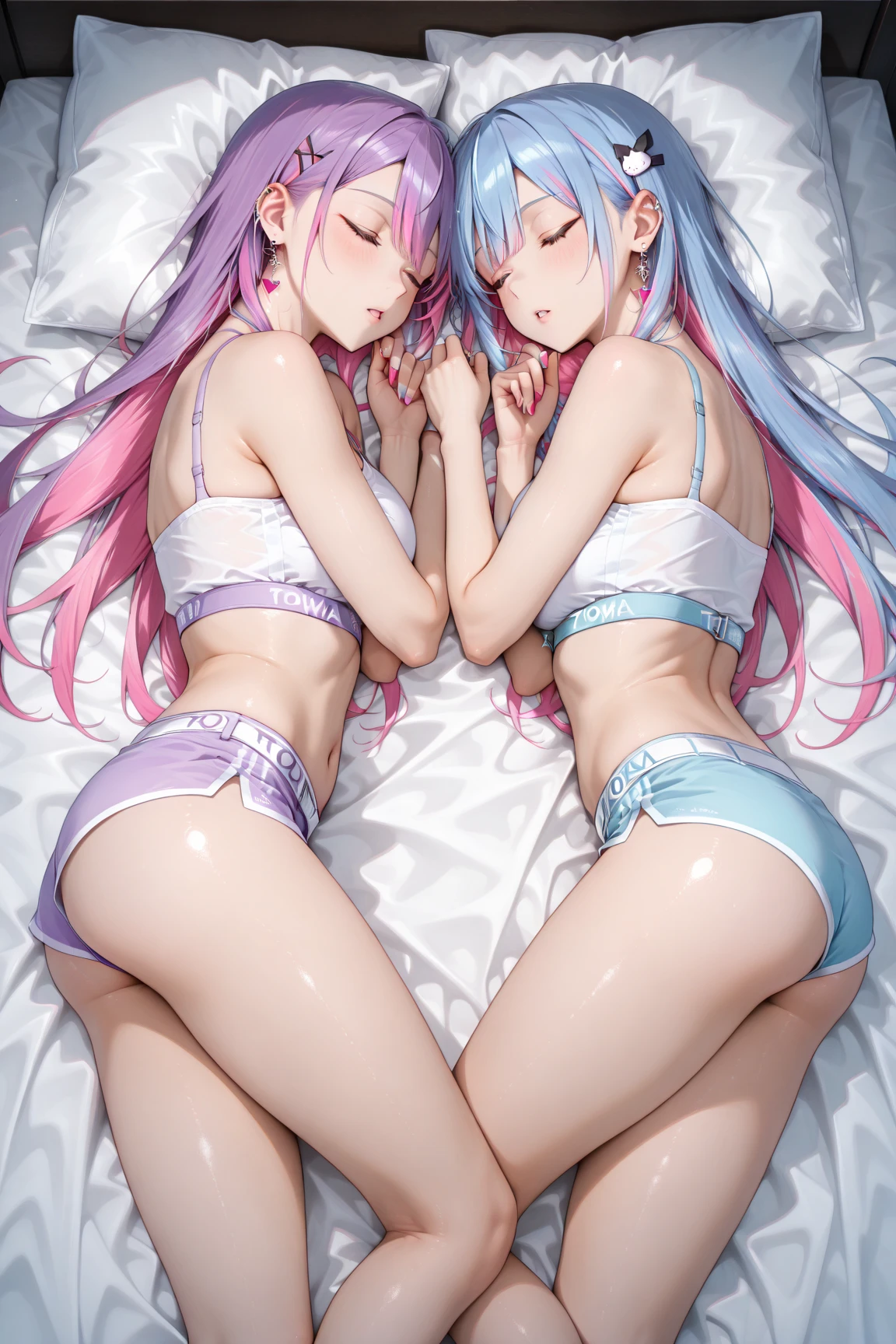 (Highest quality), (masterpiece), highly detailed, highly detailed face, highly detailed body, 2girls, side by side, Two girls with pink hair and navy blue school swimsuits sleeping, Ichika with very short hair is lying on her back in bed, having sex with me in the missionary position and sleeping without noticing that I am being inseminated. Next to her is Nino with short straight hair, sleeping without noticing that semen is dripping from her exposed vagina., Two whole bodies, Ichika has a full head of pubic hair, Beautiful Vagina, White semen is spilling out from the gap between Ichika's vagina and my penis inserted in Ichika's vagina., A small cross-section of a uterus with a penis expelling semen in the background, They both have their eyes closed and are fast asleep,