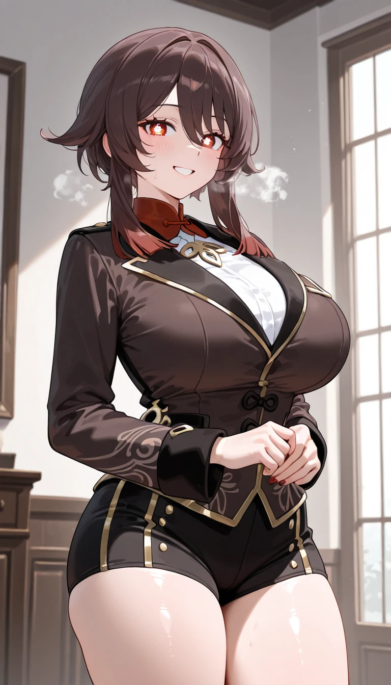Official Arts, unity wallpaper 8k, ultra detailed, beautiful and aesthetically pleasing, Masterpiece, Best Quality,female, 2 women, mother and daughter, 30-year-old woman, wealthy busty milf, lascivious brown hair, dressed in coguar outfits that attract the attention of excited 18-year-olds with a mischievous smile; with airs of superiority, both are in the living room of their house