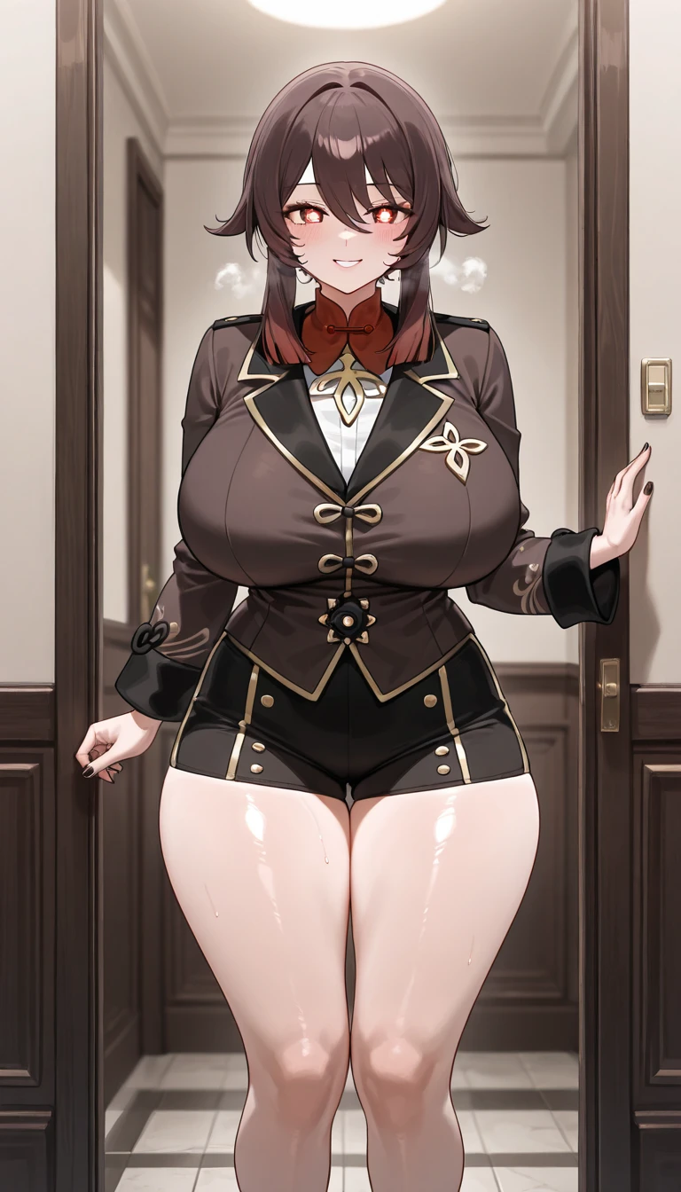 White hair , short hair, pinched eyes, (big-:1.5), Thin legs, thin body, leather collar, Maid outfit victorian, dynamic pose, full body, view from below, wide hips, kneel on the sheet in bed