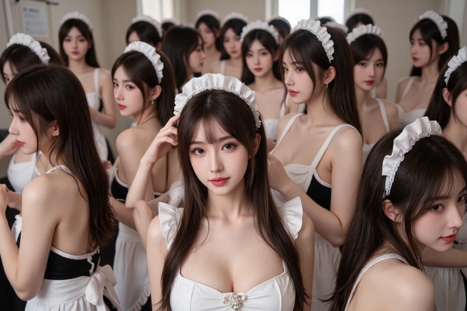 ((Highest quality)), ((masterpiece)), (detailed), Three Girls, sexy、(((Upper body naked)))、((Maid clothes))、Blonde、Long Hair、Messy bangs、Young Girl、((They're pressing their nipples together))、Pressing your breasts against each other、Leaning closer、smile、Raising his arms、Showing her side、Three women are pressed together、((Big Tits))、Big nipples、Shiny nipples、Crushed chest、