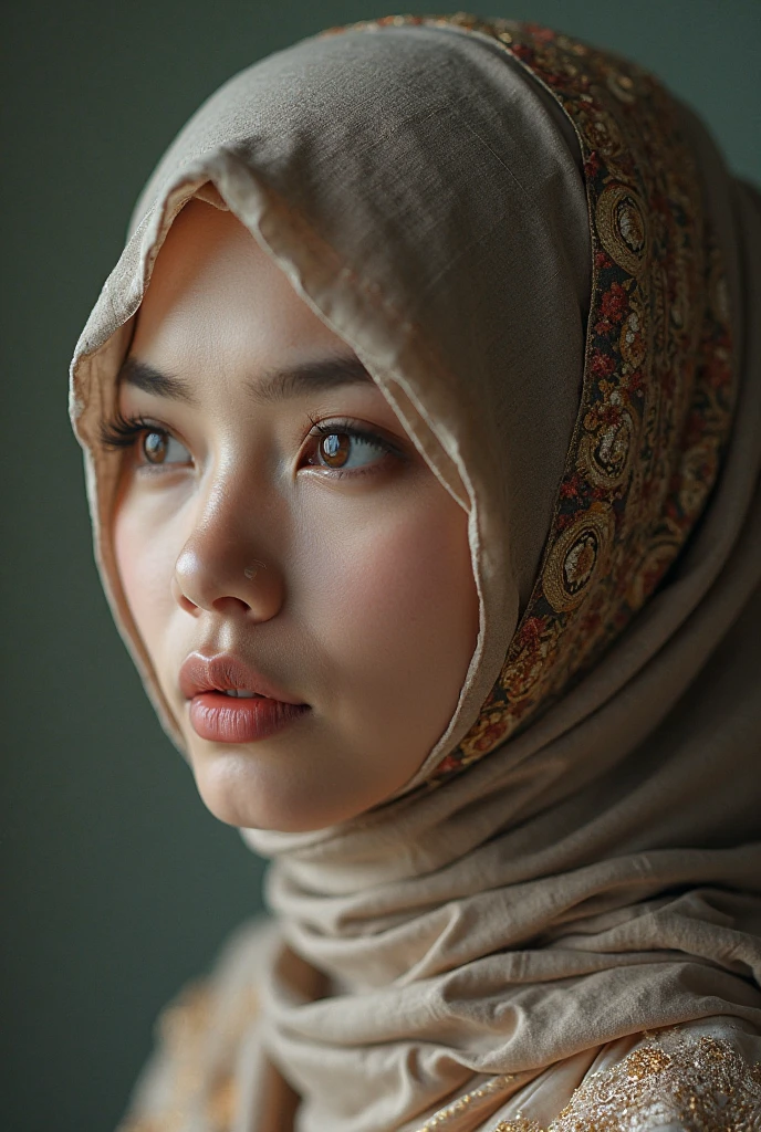 a photo portrait of a beautiful young malay girl with hijab and few soft freckles, mole below eyes, detail skin texture, smile, (plain pastel white hijab), (face portrait:1.3), dramatic light , Rembrandt lighting scheme, (hyperrealism:1.2), (8K UHD:1.2), (photorealistic:1.2), shot with Canon EOS 5D Mark IV, detailed face, detailed skin texture, 35mm, over-the-shoulder shot,cool-toned color grading, Deep Focus cinematography effect, Natural Lighting, high quality, ultra detail, 8k resolution,