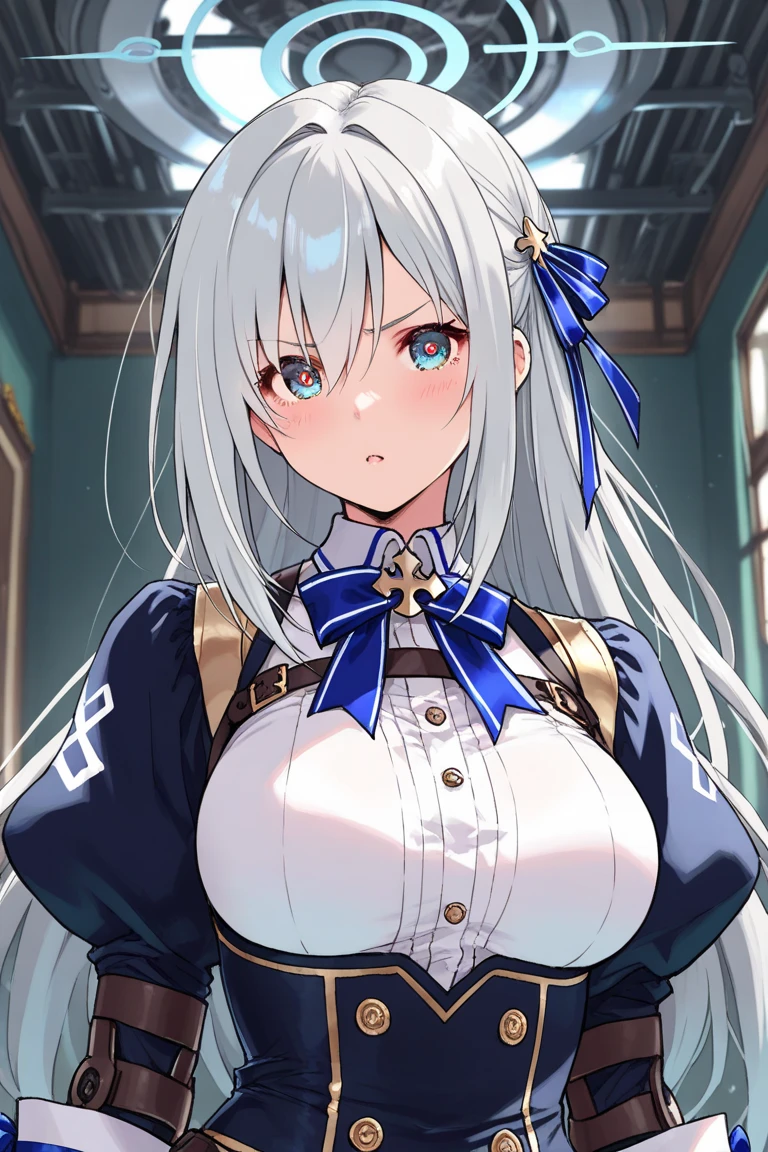 hk416 \(girls' frontline\),outfit-bunnyArtoria, 1girl, green eyes, solo, breasts, large breasts, navel, white background, looking at viewer, white hair,  cleavage, simple background, long hair, stomach, open fly,  sweatdrop  <lora:outfit-bunnyArtoria-pynoise-000006:1>
