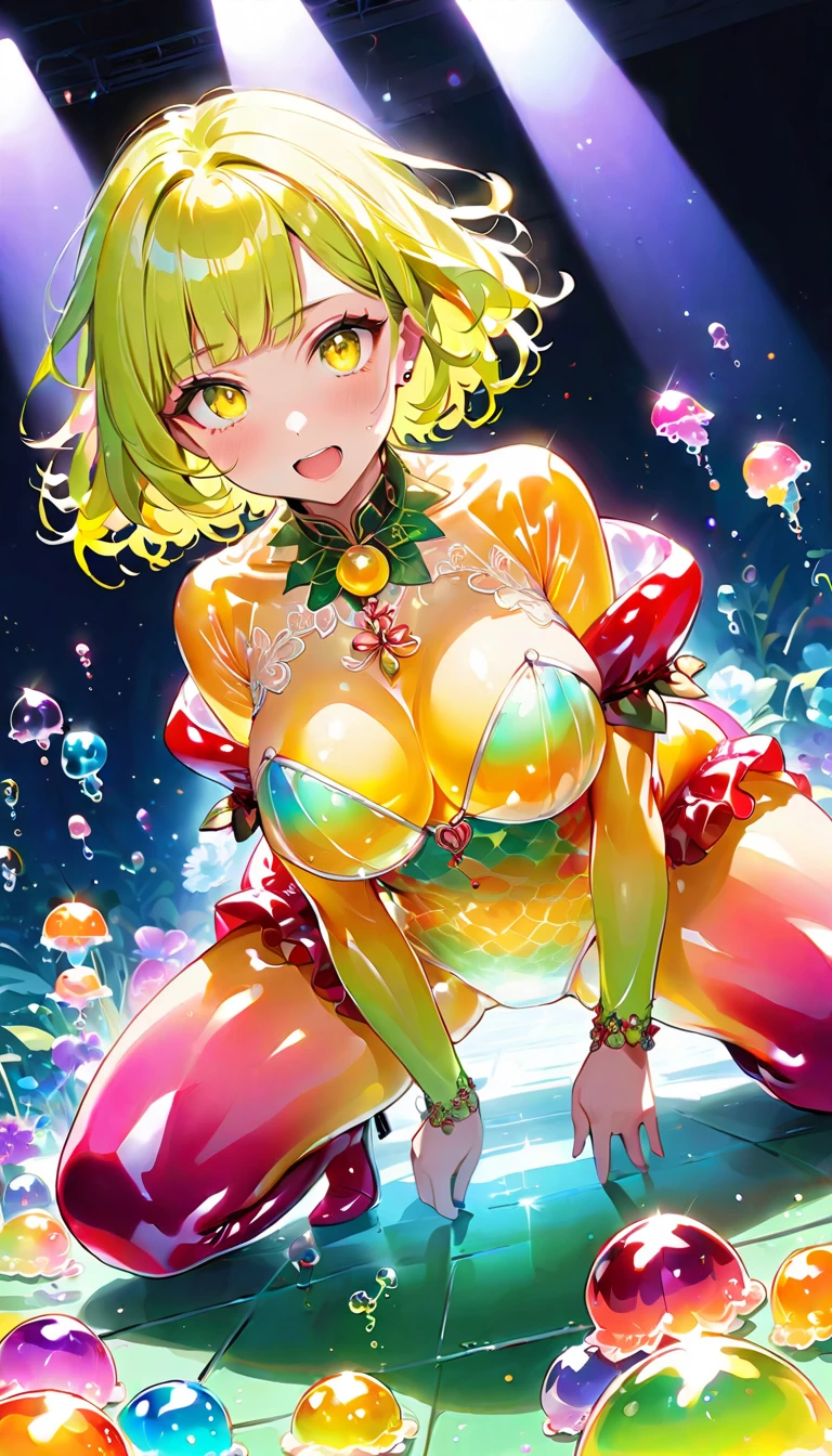 (beste-Qualit, 8K, 12), 1 girl, tatsumaki, Short Hair Hair, green hair, giant breast, the perfect body, ultra detail face, detailed lips, Slender Eyes, black dress, standingn, enticing, Excited, convex areolas, in heat, Milf, steam, Sex, trembling, , Looking Up, From directly above, ahegao, sperm on face, Wet