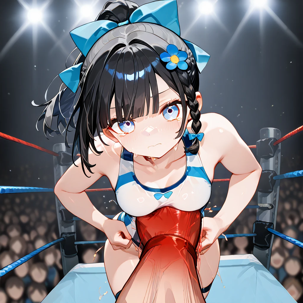 (((masterpiece))),(((best quality))),(ultra-detailed,high resolution:1.2),(illustration),((an extremely delicate and beautiful)),(detailed background), POV, ((((handjob)))), ((((ejaculation, projectile cum)))), veiny penis,(((wrestling ring)))), ((1petit girl)and(1fat man)), hetero, ((((1petit girl,short stature)))), ((((silver wolf/(Honkai:star rail/)))), (slender body:1.4), (long hair,pony tail),drill hair,grey hair, grey eyes, ((((flat chest)))), hair between eyes, eyewear on head,  covered navel, collarbone, pale skin,shiny skin,((She wears competition swimsuit)), ((((panicking)))), (wavy mouth), open mouth, (trembling), (cum on clothes,cum on body,excessive cum:1.4),cum facial,bukkake,cum on hair,cum in pussy, clothing aside, clothed, (1fat man,tall stature:1.4),large penis, he looks ahegao, text,