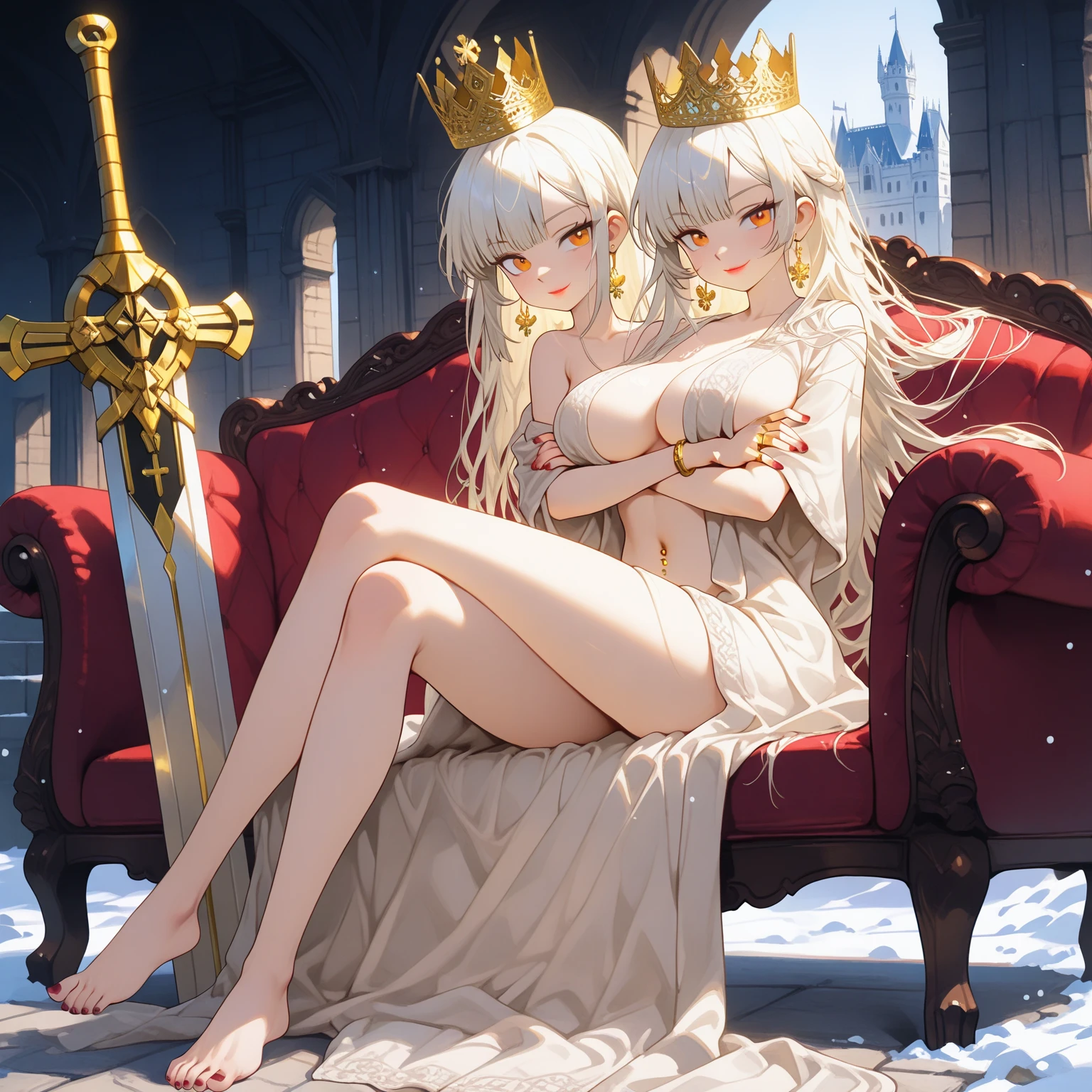 ((1 woman with penis, erect penis)),((with a cape on the back, with crown))),((medium breasts, bare breasts, erect breasts, grasping breasts)),((short white hair)), ((red eyes, calm face)),((sitting on a golden throne, sitting on his back, opening wide open in the shape of an m with an erect penis in the middle of his legs)),((in an evil haunted castle, at night )),((1 arm behind the back)),