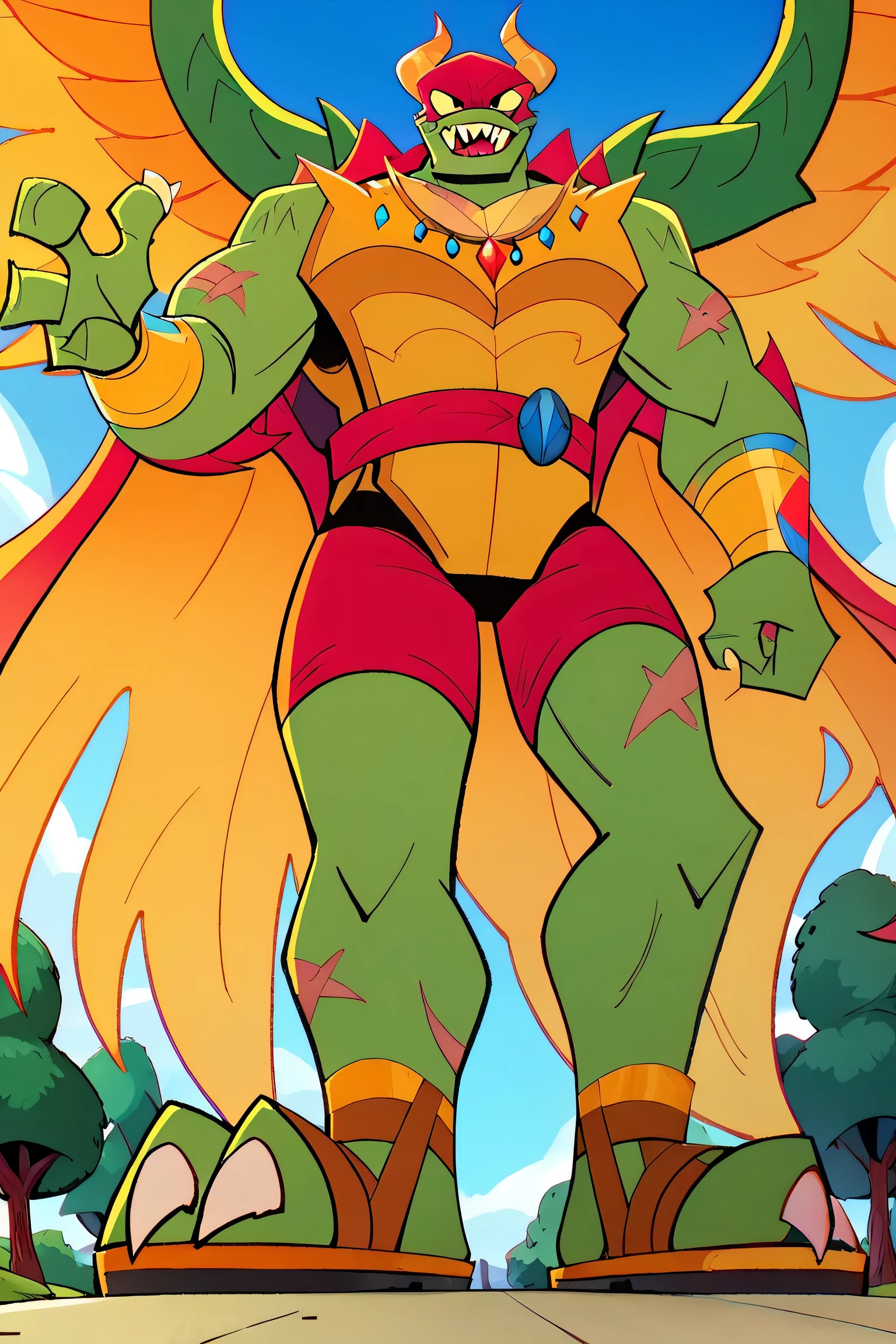 a green giant bad muscular dragon with green scales, 2 big wings, horns, sharp teeth, sharp claws, golden belly, golden armor, golden bracelets with colorful jewels, golden necklaces with colorful jewels, golden crown with colorful jewels, golden belt with jewels and keys, golden sandals, scars and tattoos on pectorals, abs, wearing red underpants, a very long red cape, cartoon 2d style, walking in the village, macro size, blue sky background, clouds, trees, stomping the ground, walking pose, footprints in the floor. 