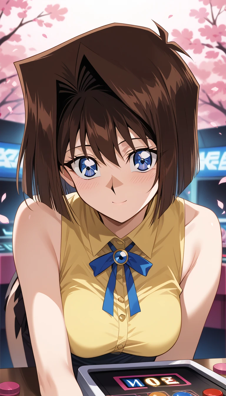 (pixel perfect, detail perfect), alone, 1 girl, very detailed, Absil Dress, masterpiece, illustration, game CG, Hanamaru Kunikida, detailed and beautiful eyes, amber eyes, Cheerleader, abdomen, cleavage, glossy lips, sneakers