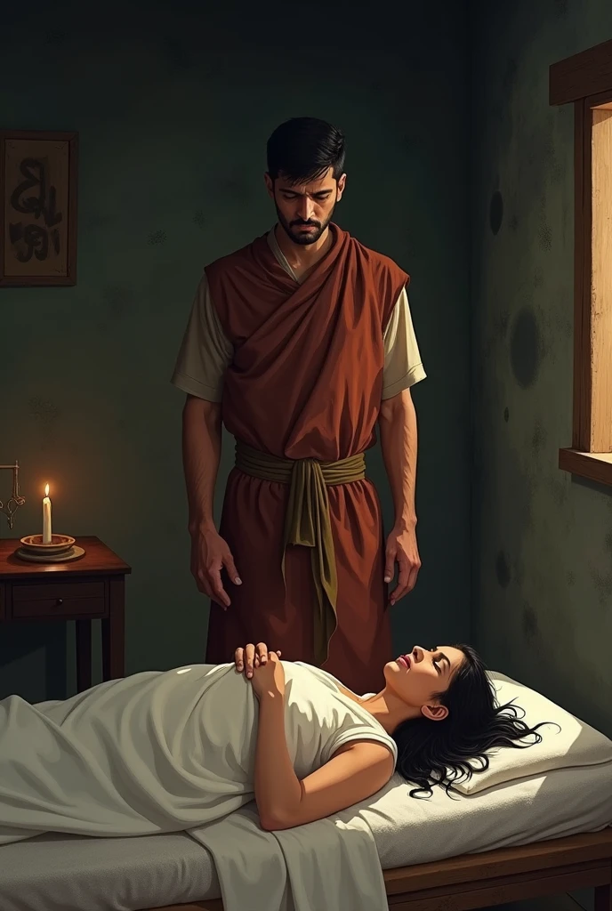 A warrior, clad in white clothing with short hair and a full beard, stands with his left hand on his chest and his right hand on the forehead of a woman lying on a stretcher with her eyes closed. She appears to be calm. The room is illuminated, with beams of light entering through the window., The setting features candles, incense, and a painting depicting the 7 chakras.