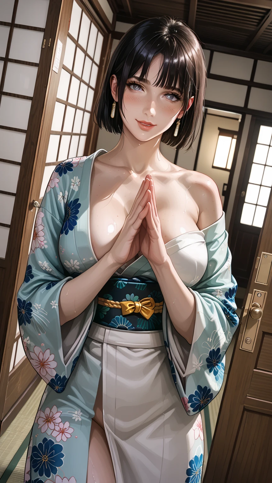 (Photorealsitic:1.4), (Top image quality:1.0), (超A high resolution:1.0), 8K, Raw photography, (​masterpiece:0.2), The ultra-detailliert, Close Short, 1girl in, Beautiful skin, More skin, see the beholder, full body Esbian, (short-hair:1), A smile, (Mouth closed:1)、Kimono、beautiful small tits