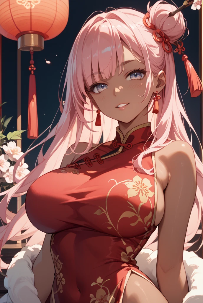 a 20 age chubby girl, your face has strong pink makeup, wearing a long whitegolden qipao,  whitegolden eyes, beautiful detailed eyes, sensual pose, suggestive pose, evil smile, very long hair, lightred hair, long ponytail hair, light and transparent veil filling with charm and seduction, stunning beautiful artwork, maximalist, by artgerm, 8k anime artwork, 8k photo, trending on artstation. looking at the viewer, masterpiece, best quality