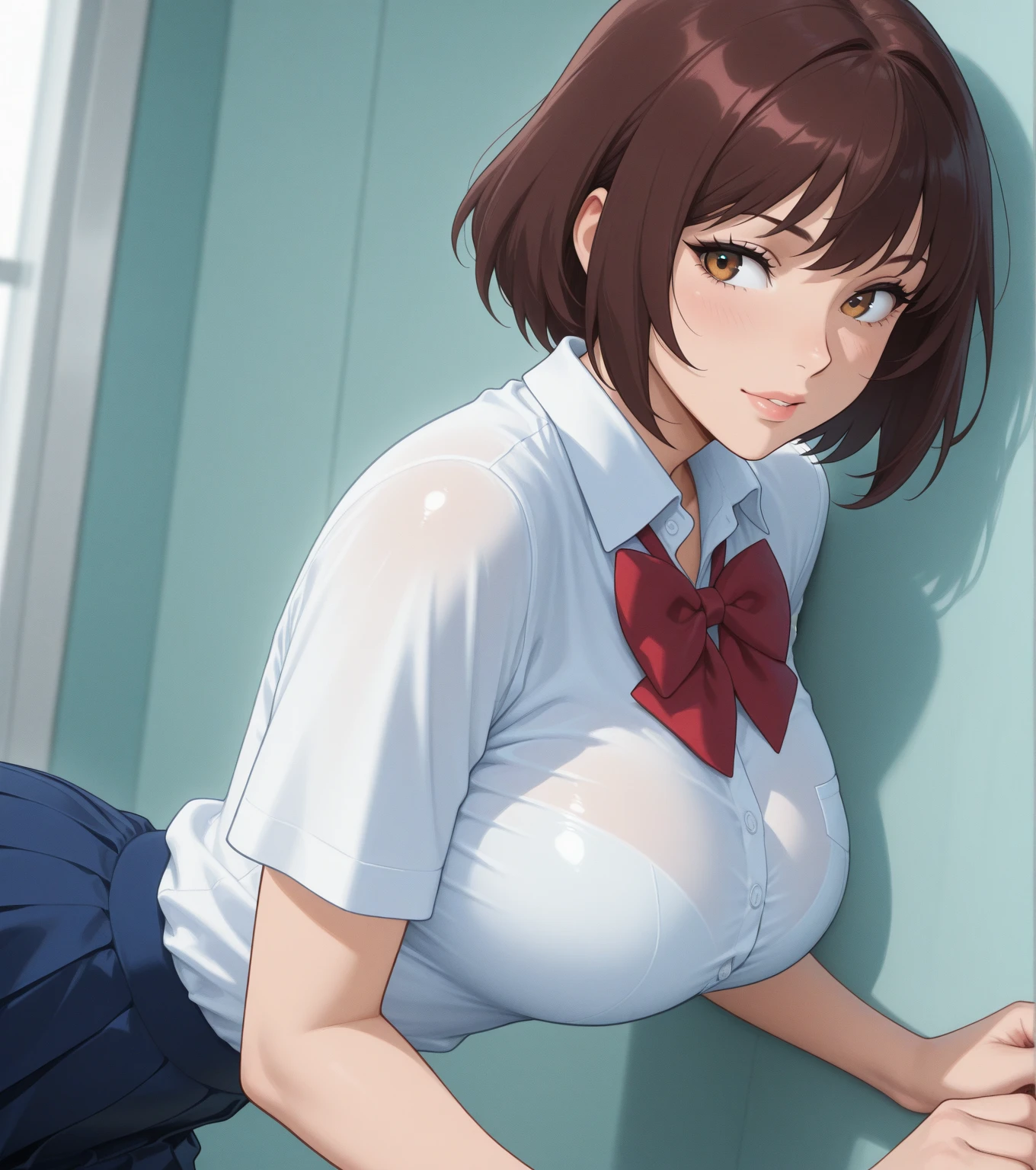 NSFW, dsmakoto, Brown Hair, short hair, Crown braid hairstyle, Red eyes, uniform, White blouse, Without skirt, White see-through pants, Transparent nipples, pantyhose, No bra, pubic hair, Wet and see-through, Soaking wet, blush, Watery eye, One girl, Solo Break, School courtyard, rain, Depth of written boundary, Cinematic, Game CG, Anime screenshots, Official Art, masterpiece, Highest quality