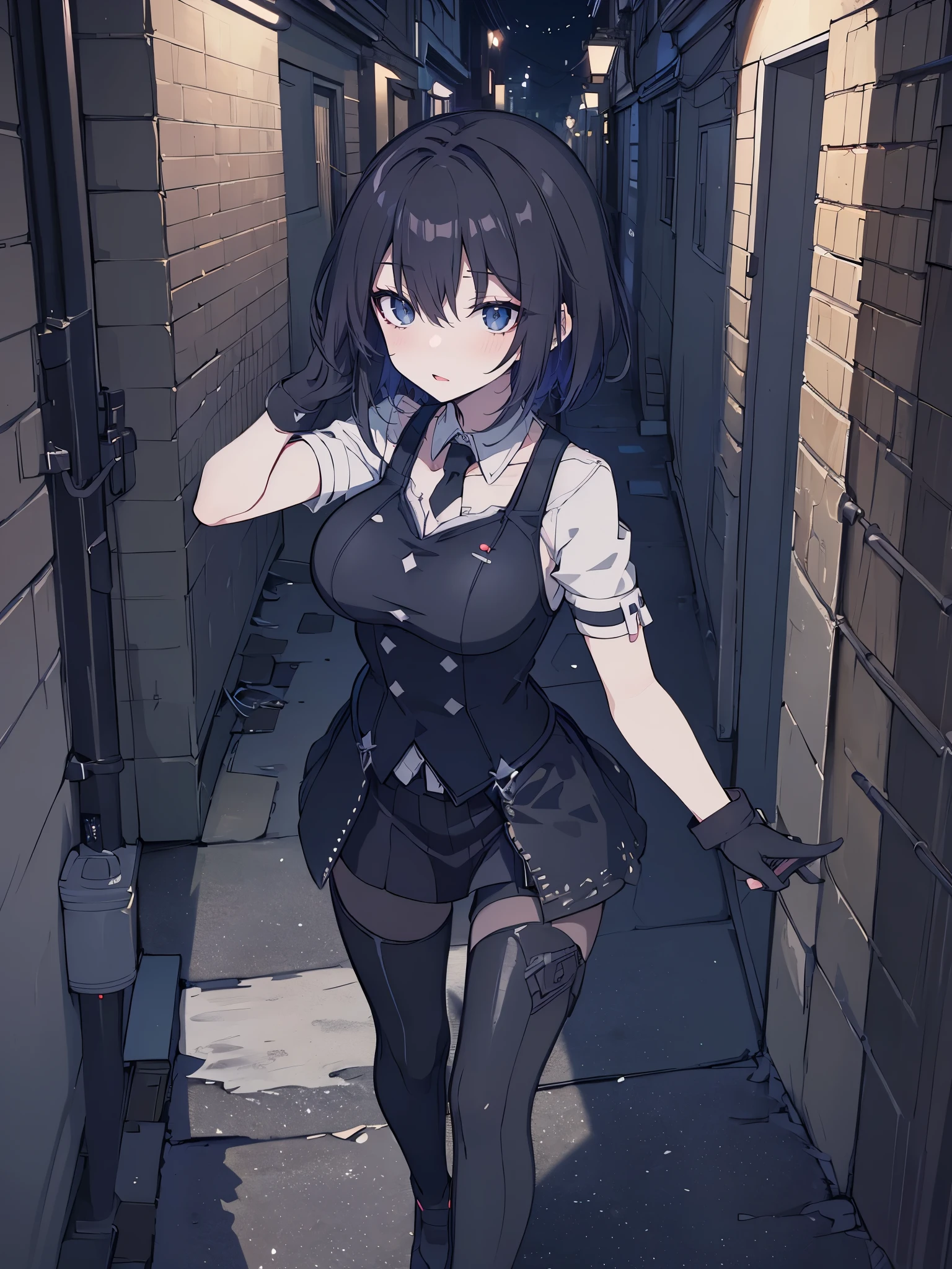 ((best quality)), ((masterpiece)), (detailed), anime girl gesture, walking, mirando al espectador, shy look, short black hair, big breasts, sexy, ,ojos detaileds, blue eyes, (((pale skin))), tactical hip covers, tactical equipment , chest harness , ((battlesuit tight black)) ((black gloves)), ((shiny black tight leggings)), Special mission, ((at night)), ((dark alley)), city, heavy rain, Approach,