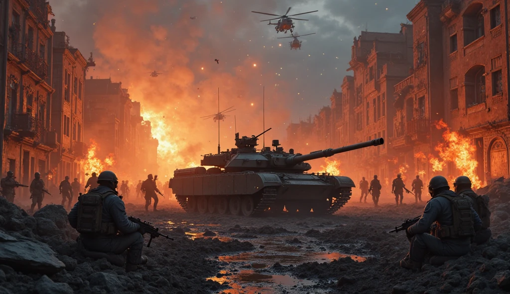 A dramatic and somber scene where a lmnrsstnk tank stands as a lone sentinel on a crumbled bridge, its hull surrounded by the wreckage of enemy vehicles. The tank and its crew make a last stand, holding back a tide of foes to allow their comrades to retreat. Flames and smoke rise from its damaged engine, symbolizing the tank's valiant sacrifice for the greater good