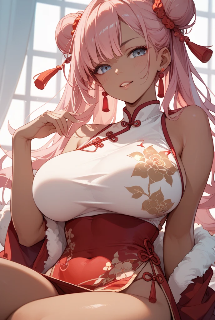 masterpiece,highest quality,(Super detailed),masterpiece,written boundary depth,perfect sentence, Detailed CG,Super detailed,(highly detailed eyes,very cute face,highly detailed face:1.3),beautiful anime girl,(solo girl:1.9),(super huge breasts:1.9),(pink hair,low twin tails:1.5),(light blue eyes:1.3),(smile full of joy:1.3),open your mouth,show viewer,break,(red cheongsam,gold embroidery:1.5),(side boob),cleavage cutout,slit,off shoulder,removable sleeve,micro mini skirt,chinese style background,Are standing